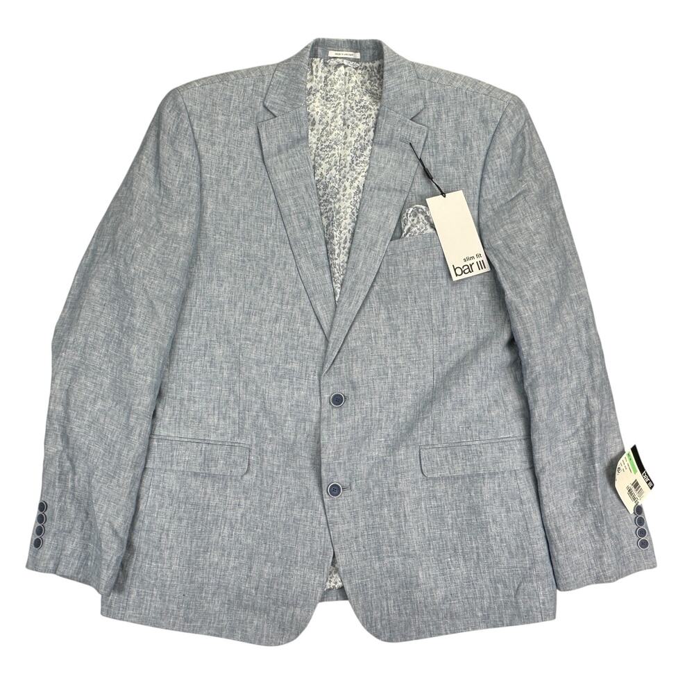 Bar III Mens Slim Fit 100% Linen Solid Suit Jacket Blue 46L
